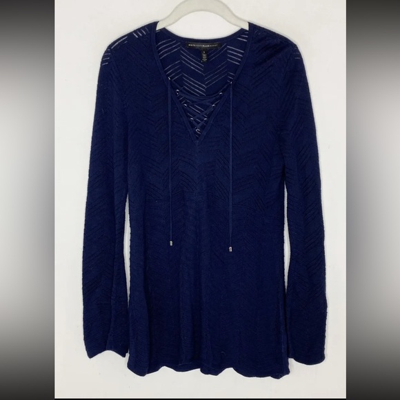 White House Black Market Lace Up Ribbed Tunic Sweater Scallop Hem Size Small - Picture 4 of 8